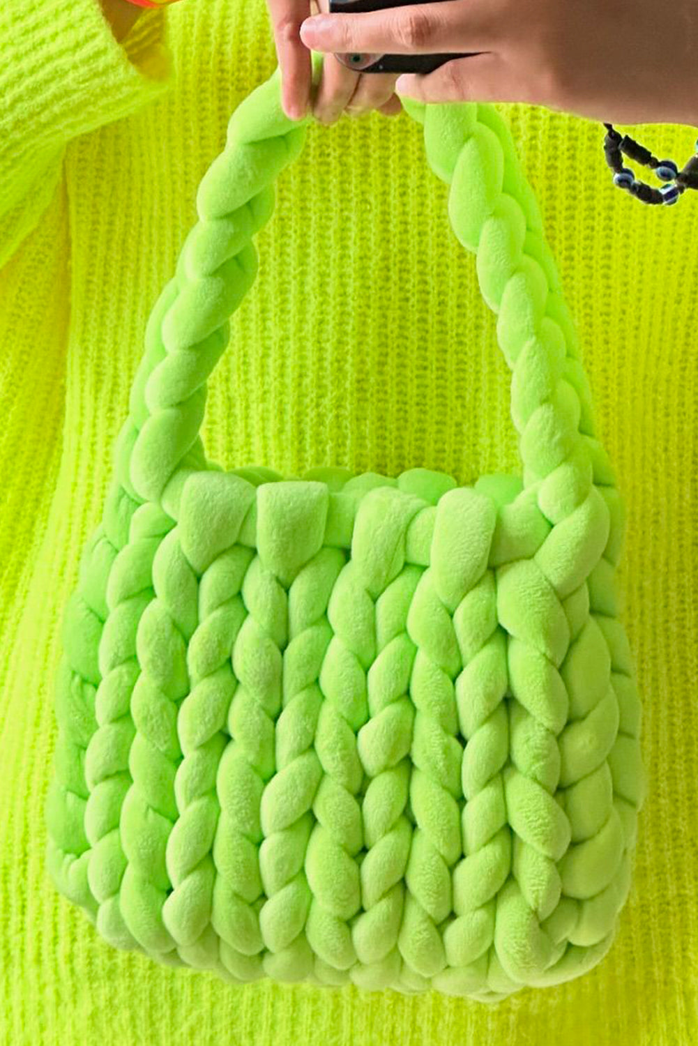 Pear Green Woven Chunky Yarn Tote Bag