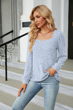 Ribbed Square Neck Long Sleeve T-Shirt