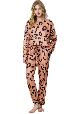 Apricot Pink Leopard Print Long Sleeve Top and Drawstring Pants Set