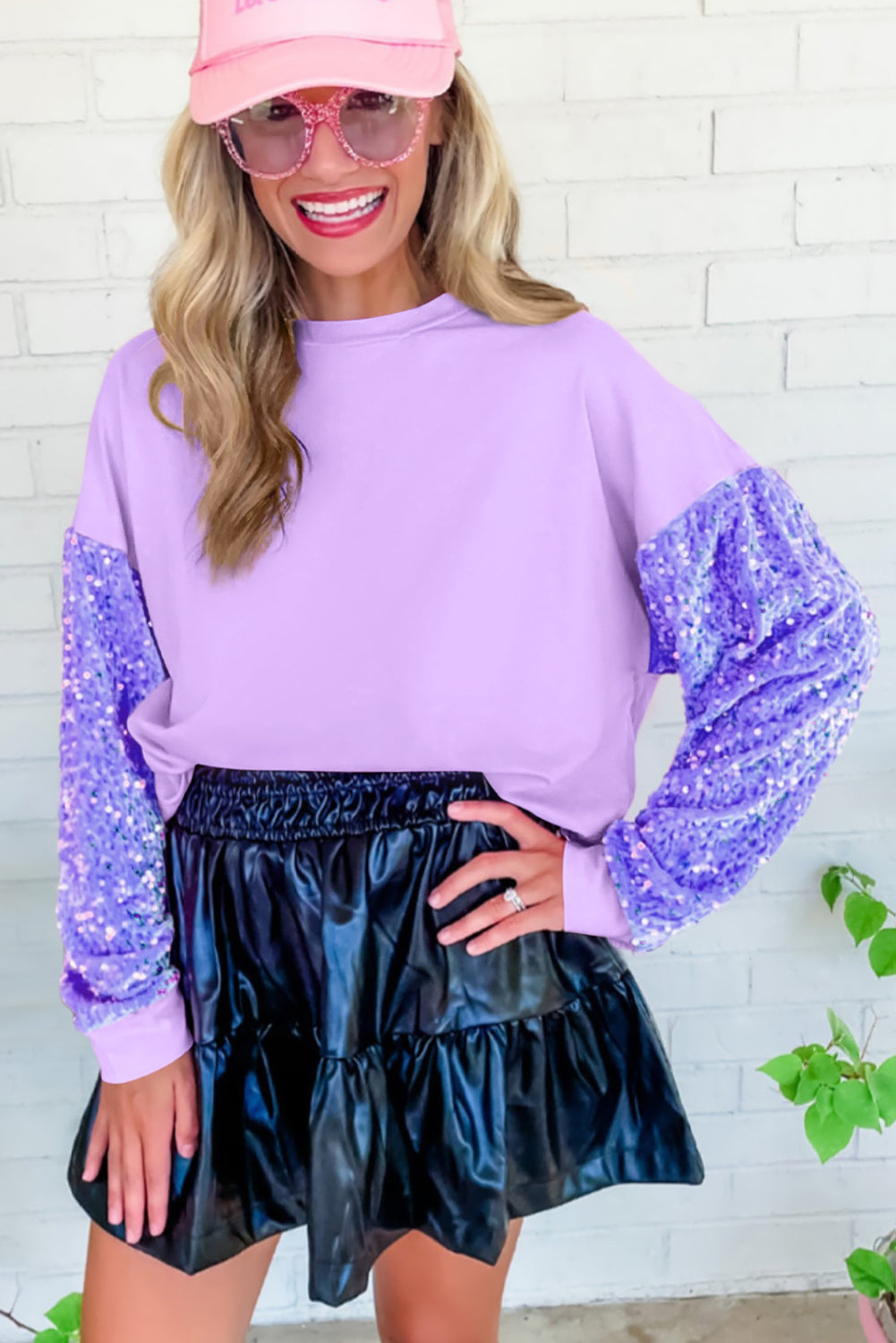 Orchid Petal Sequin Patchwork Long Sleeve Pullover Top