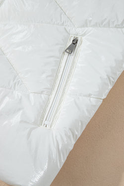 White Solid Quilted Hooded Zip Up Puffer Coat