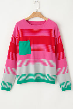 Rose Striped Patch Pocket Drop Shoulder Knit Sweater