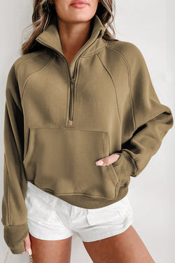 Black Quarter Zip Stand Neck Kangaroo Pocket Sweatshirt