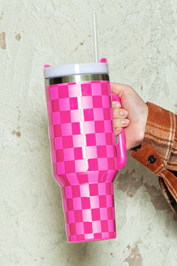 Pink Checkered Print Handled Stainless Steel Tumbler Cup