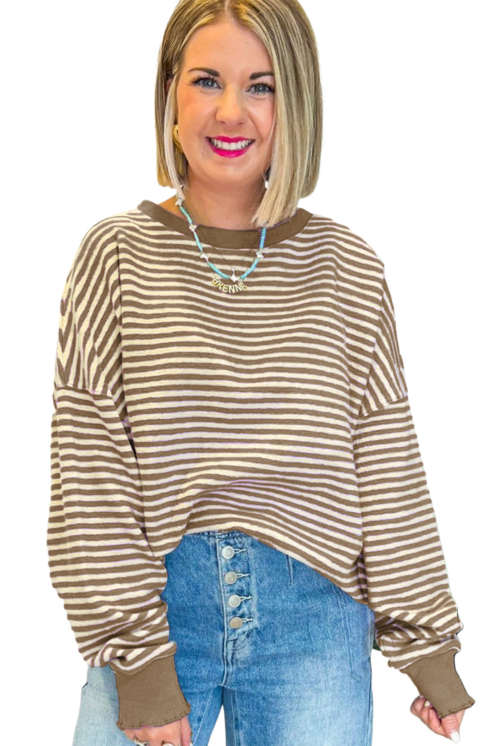 Brown Stripe Drop Shoulder Long Sleeve Top