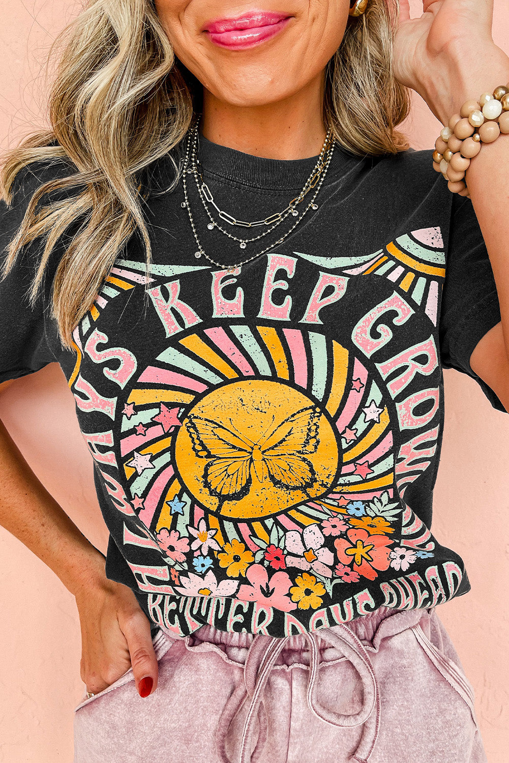 Black Always Keep Growing Butterfly Flower Graphic Tee