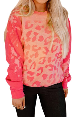 Pink Cheetah Print Drop Sleeve Bleached Sweatshirt