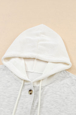 Gray Button Up Contrast Knitted Sleeves Hooded Jacket