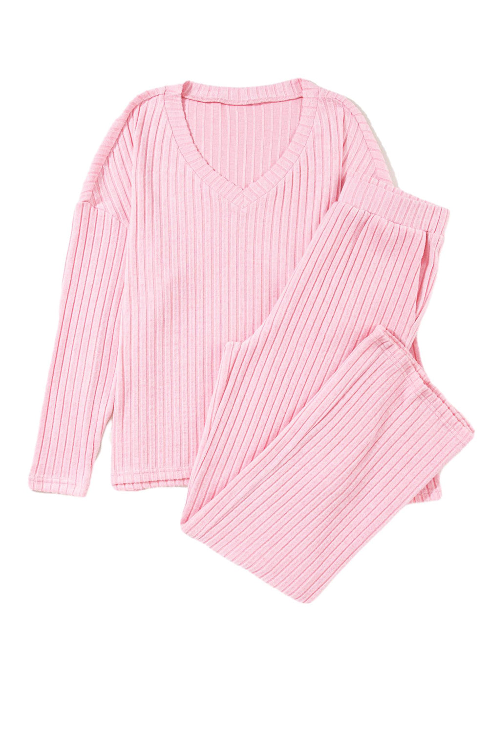 Light Pink Slouchy Ribbed Knit V Neck Top & Pants Loungewear Set