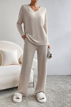 Light Pink Slouchy Ribbed Knit V Neck Top & Pants Loungewear Set