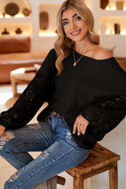 Black Cross Backless Sequin Bishop Sleeve Top