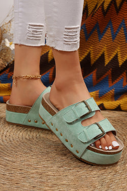 Black Suede Buckle Corky Platform Slides Shoes