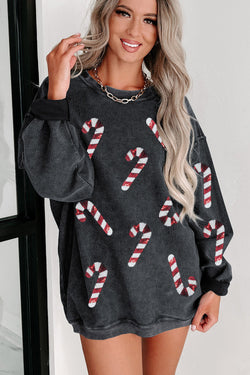 Gray Xmas Candy Cane Sequins Graphic Corded Sweatshirt