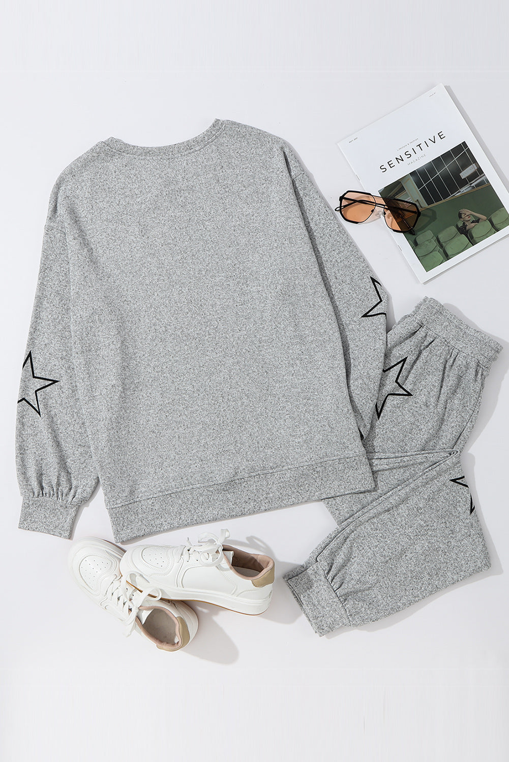 Gray Stars Print Long Sleeve Top and Drawstring Pants Set