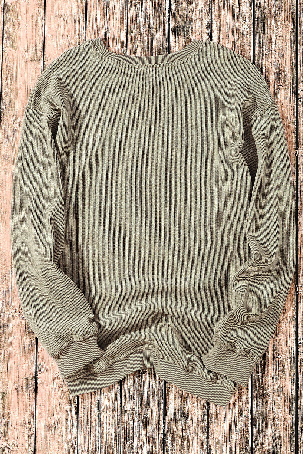 Plain Gray Solid Ribbed Knit Round Neck Pullover Sweatshirt