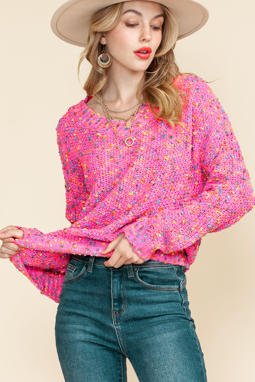 Hot Pink Mixed Color Chunky Knit Sweater