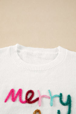 White Glitter Merry & Bright Round Neck Knit Sweater