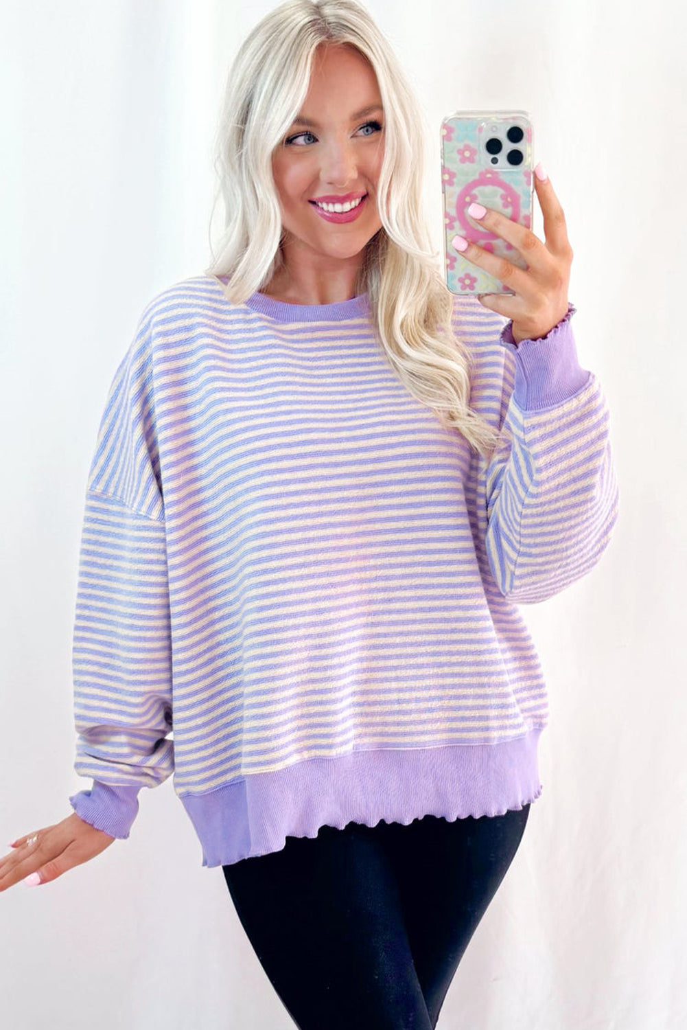 Brown Stripe Drop Shoulder Long Sleeve Top