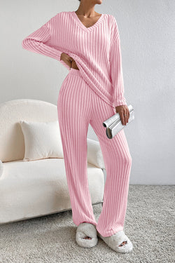 Light Pink Slouchy Ribbed Knit V Neck Top & Pants Loungewear Set