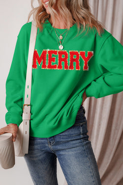 Dark Green Christmas Chenille MERRY Graphic Crew Neck Sweatshirt