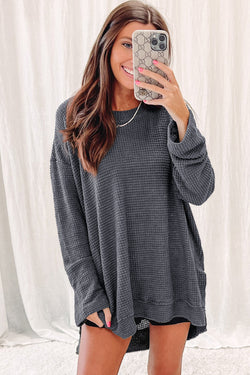 Gray Waffle Knit Drop Sleeve Side Slits Oversized Top