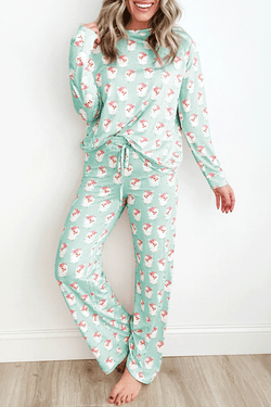 Sky Blue Santa Claus Striped Print Loose Fit Two Piece Loungewear Set