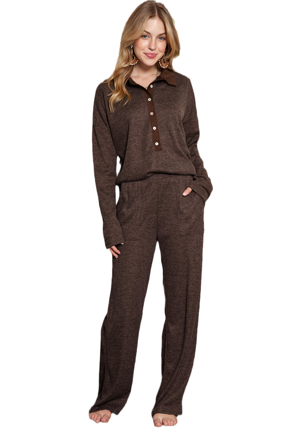 Brown Ribbed Henley Shirt and Wide Leg Pants Loungewear Set