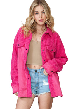 Rosy Faux Suede Sherpa Patchwork Button Up Shacket