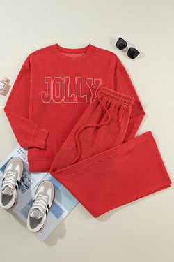 Fiery Red Crinkle Rib JOLLY Pattern Long Sleeve Top and Pockets Pants Set