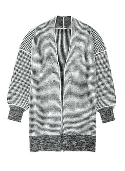 Grey Plaid Contrast Trim Casual Knit Cardigan