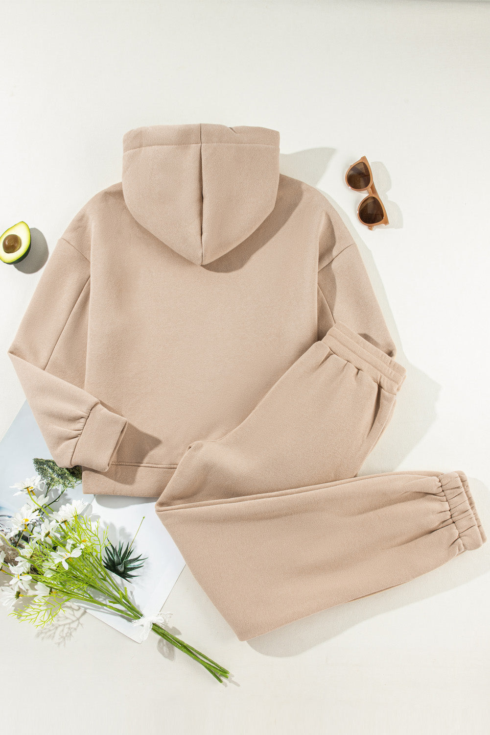 Khaki Solid Color Hoodie and Drawstring Joggers Set