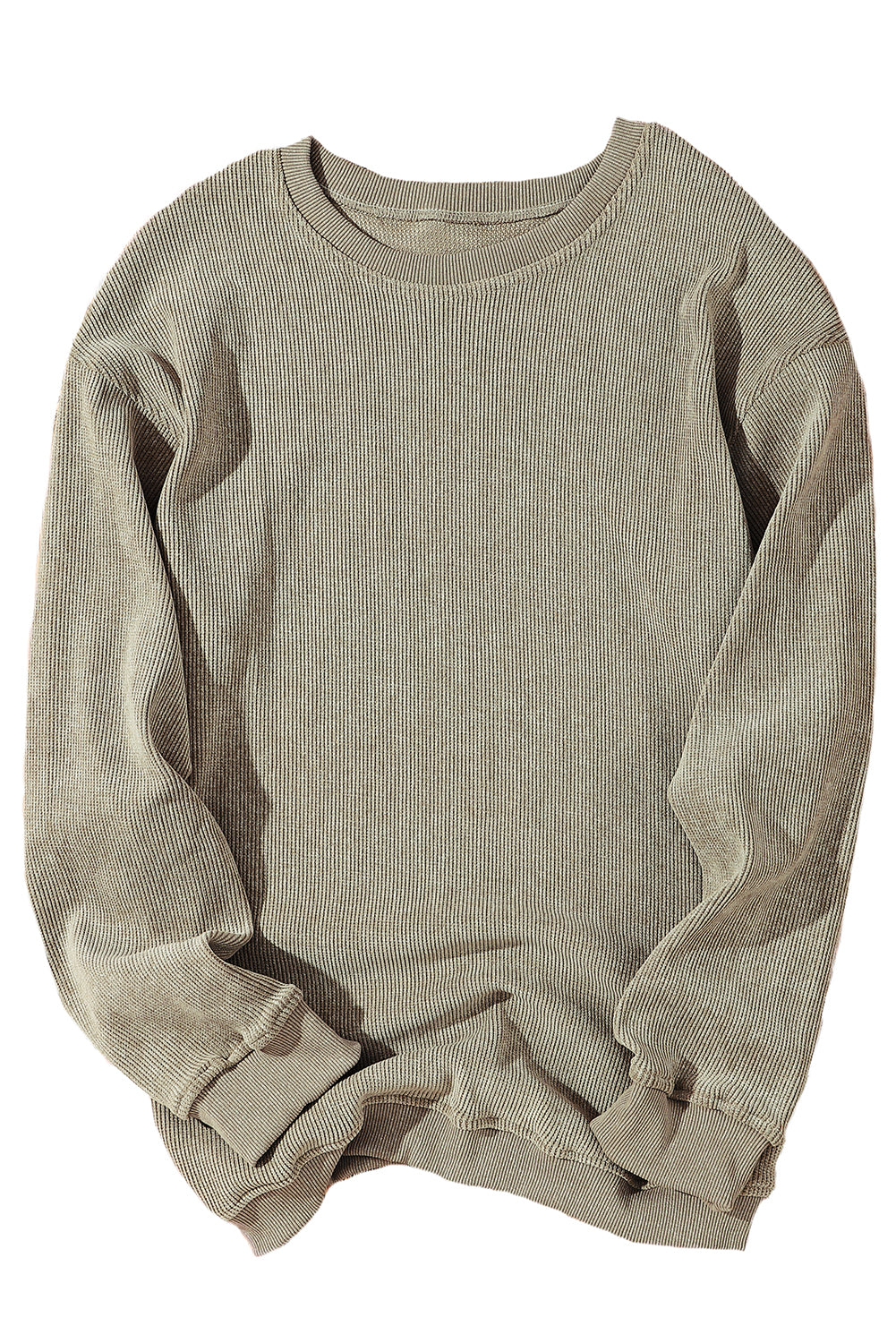 Plain Gray Solid Ribbed Knit Round Neck Pullover Sweatshirt