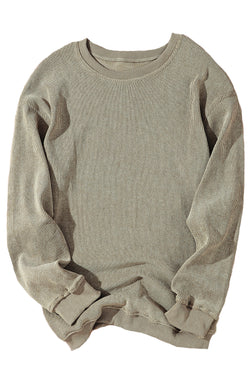 Plain Gray Solid Ribbed Knit Round Neck Pullover Sweatshirt