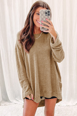 Gray Waffle Knit Drop Sleeve Side Slits Oversized Top