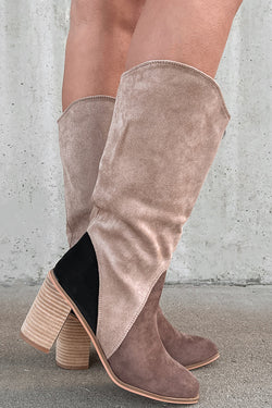 Coffee Suede Calf Length Chunky Heel Boots