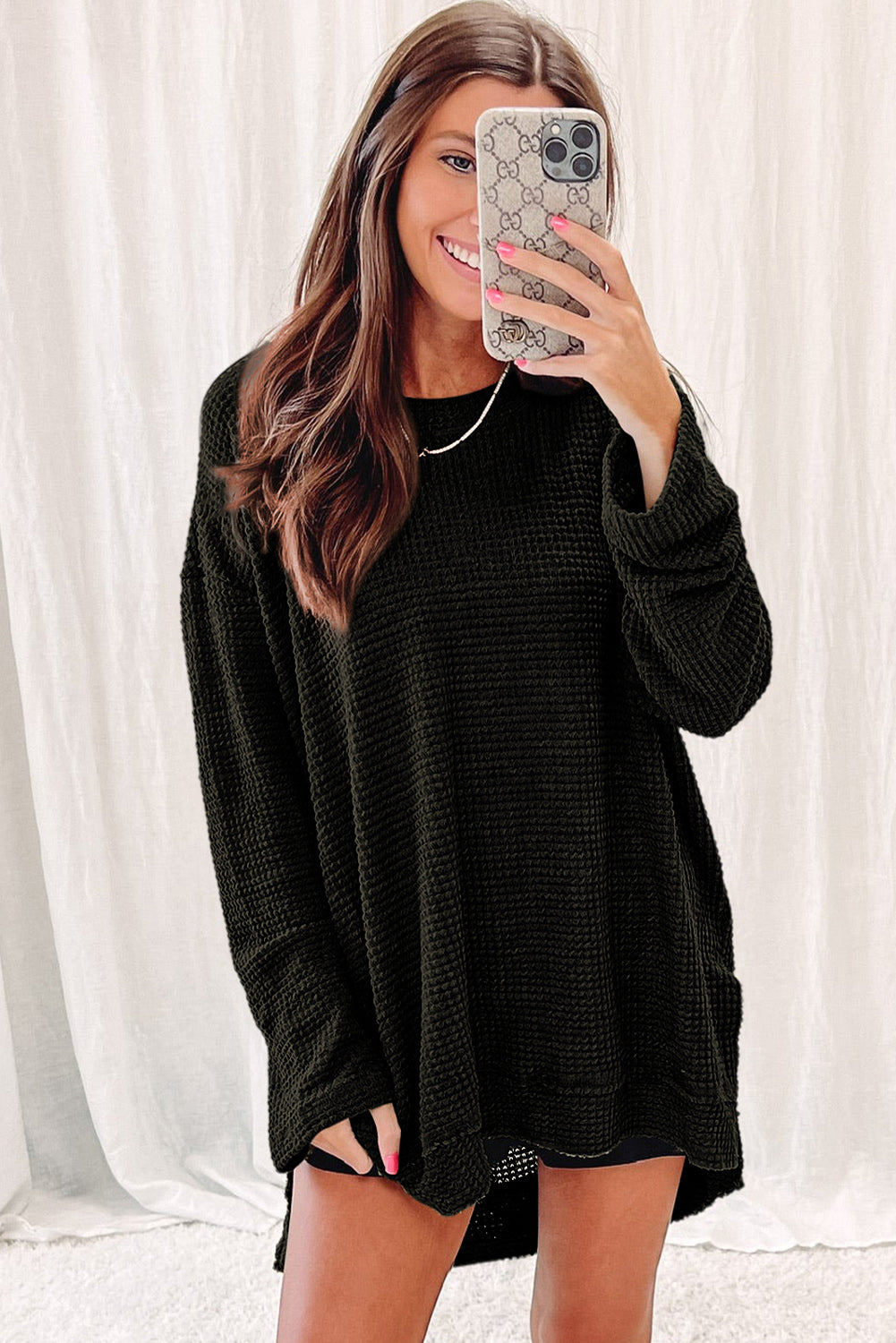 Gray Waffle Knit Drop Sleeve Side Slits Oversized Top