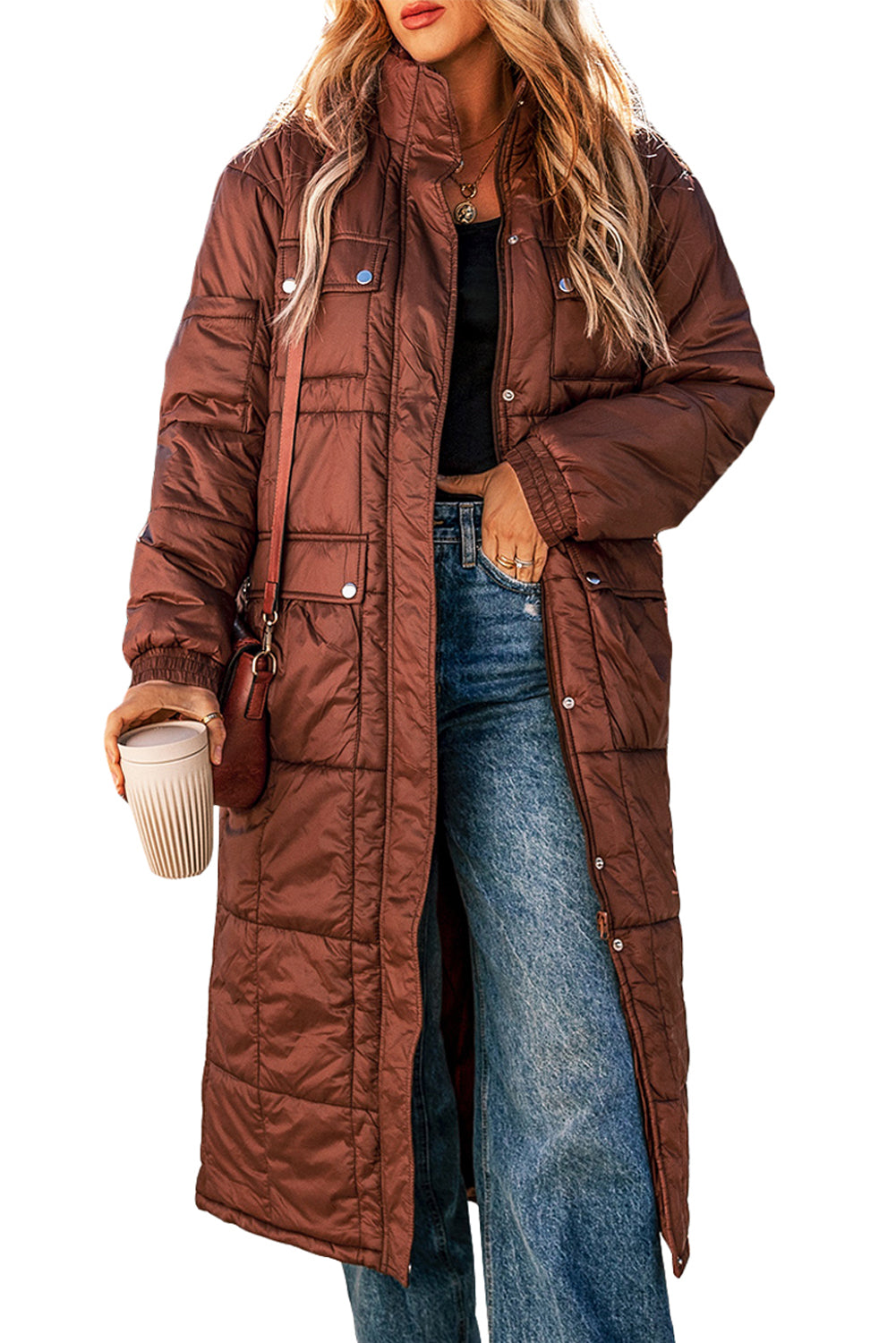 Coffee Quilted Puffer Stand Neck Zipped Mid-length Coat