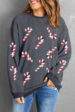 Gray Xmas Candy Cane Sequins Graphic Corded Sweatshirt