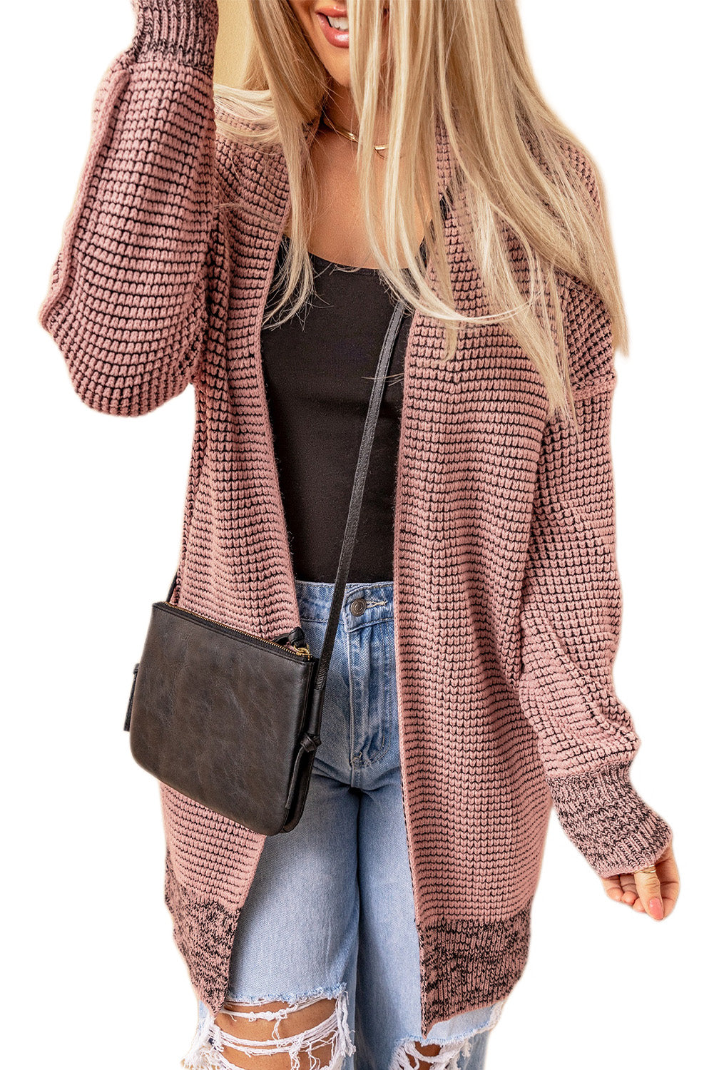 Grey Plaid Contrast Trim Casual Knit Cardigan