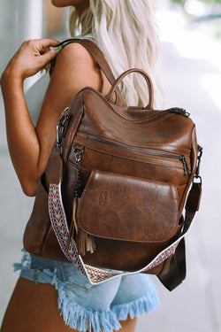 Brown Tassel Decor Retro PU Large Capacity Backpack