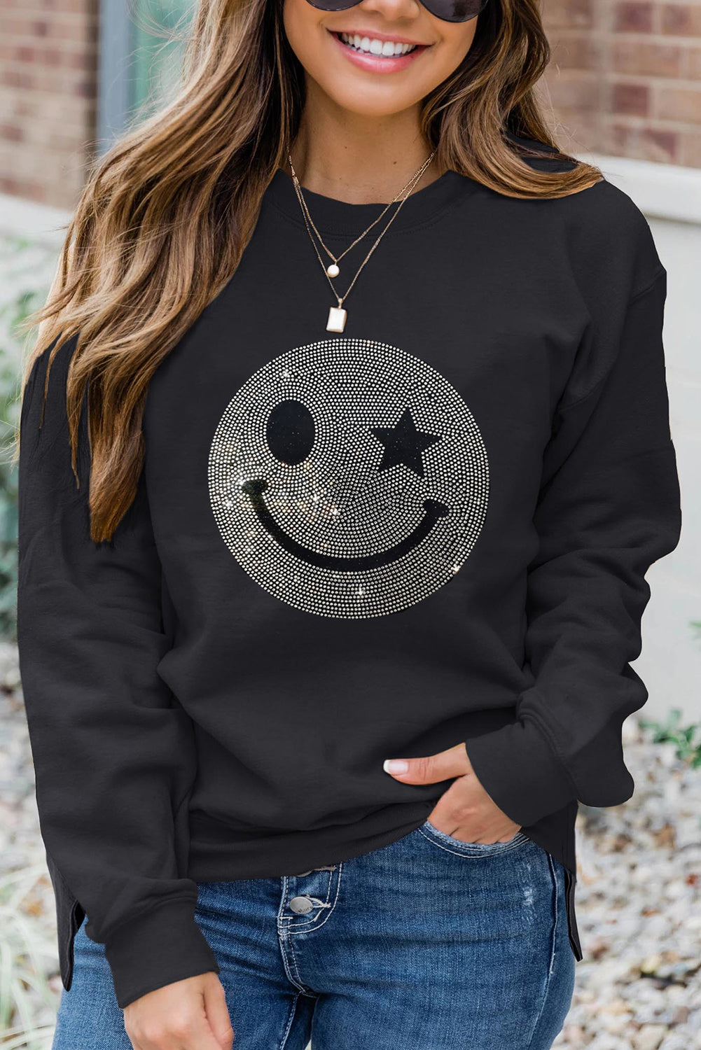 Valerian Rhinestone Smile Face Pattern High Low Hem Sweatshirt