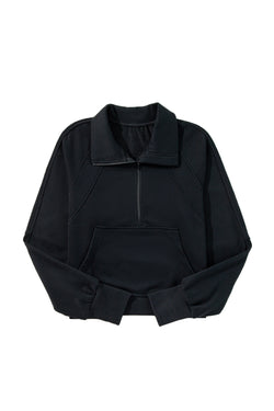 Black Quarter Zip Stand Neck Kangaroo Pocket Sweatshirt