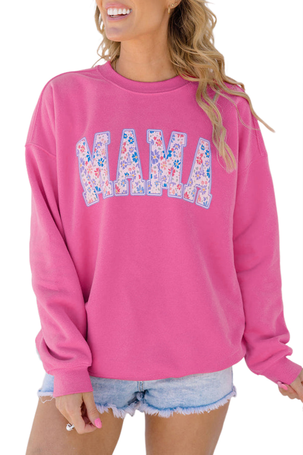 Rose Red Floral MAMA Embroidered Graphic Pullover Sweatshirt