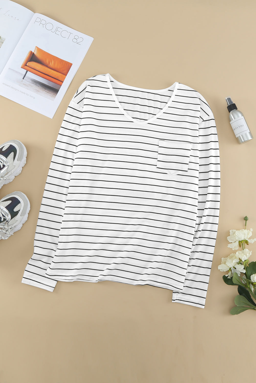 Black & White Stripes Patch Pocket Long Sleeve Shirt