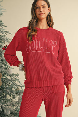 Fiery Red Crinkle Rib JOLLY Pattern Long Sleeve Top and Pockets Pants Set