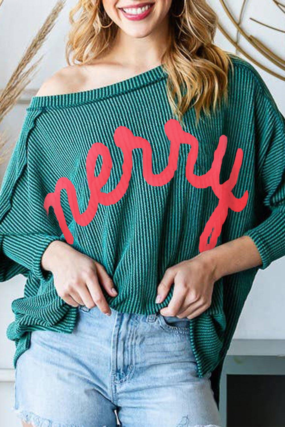 Green Merry Christmas Exposed Seam Ribbed Top