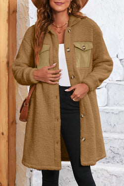 Beige Contrast Flap Pocket Single Breasted Teddy Coat