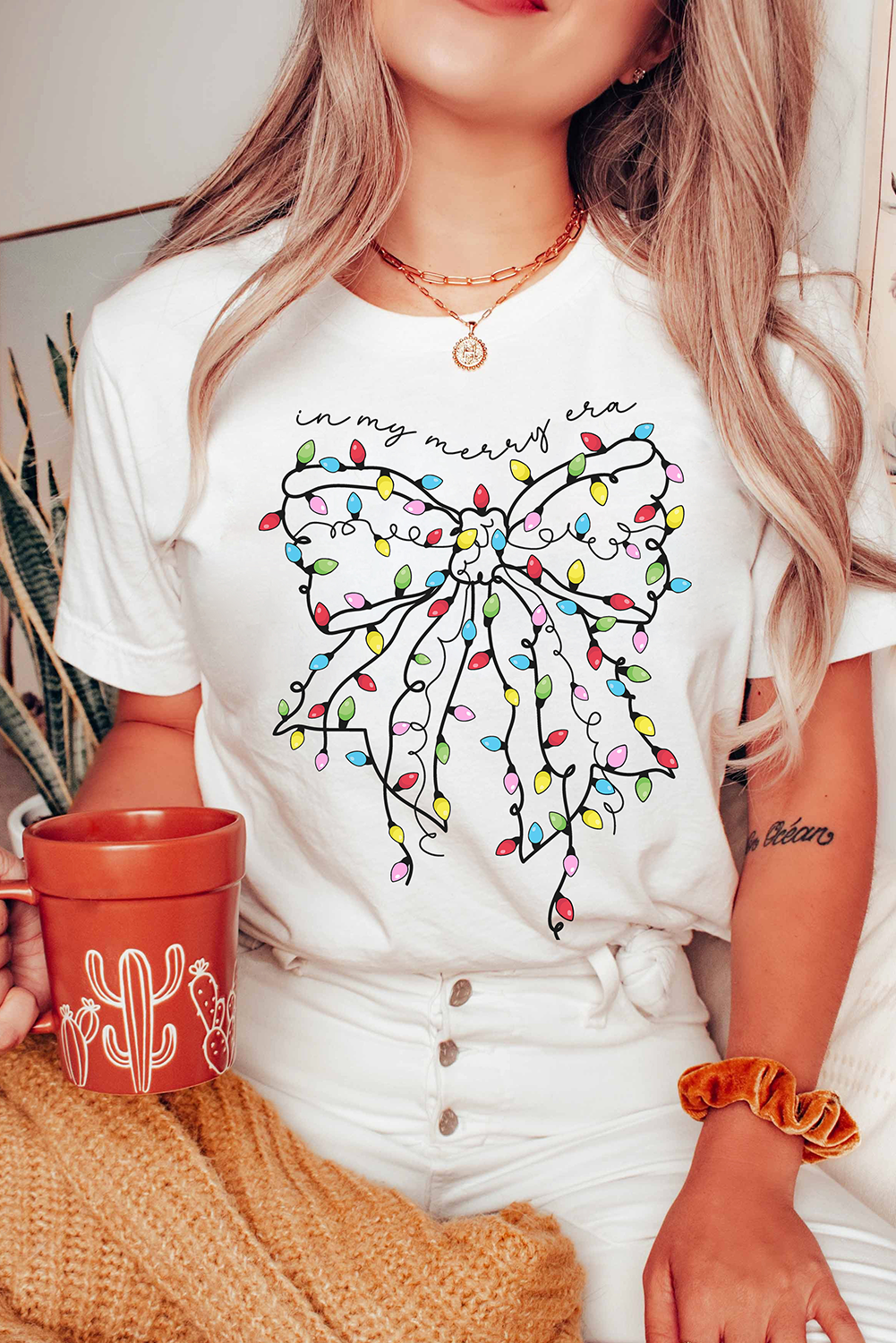 White Colorful Lights Bowknot Graphic T Shirt