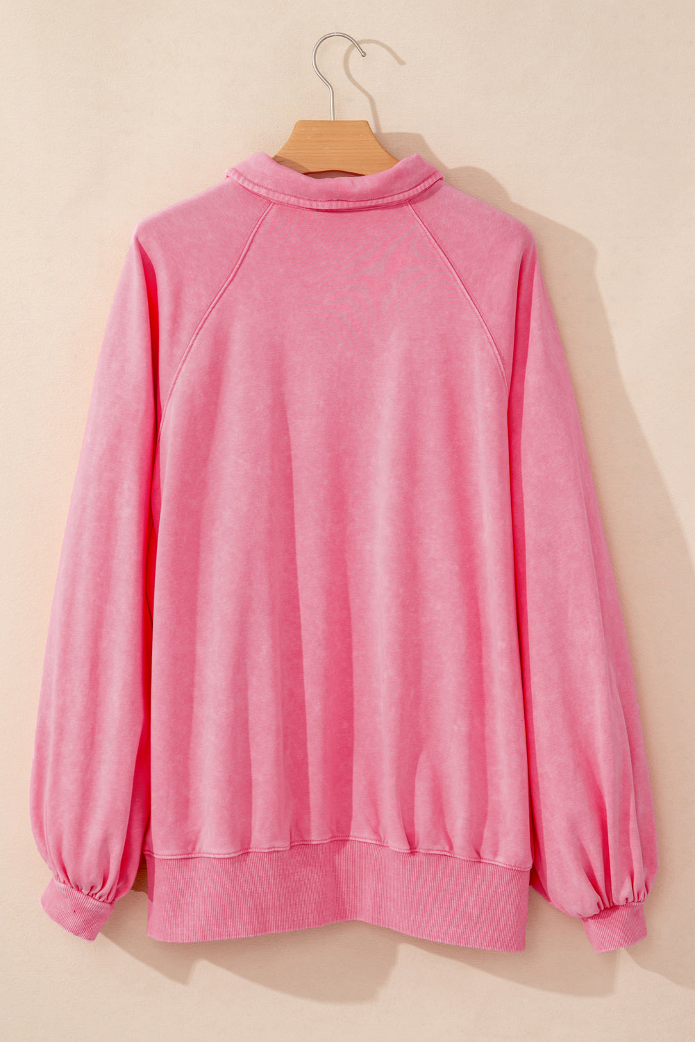 Pink Solid Snap Buttons Collared Balloon Sleeve Oversized Sweatshirt