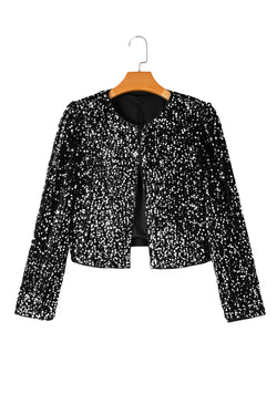 Black Sequin Open Front Collarless Jacket